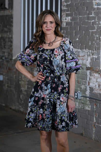 Easel Clothing Black Floral Printed Cotton Dress – Women's Bubble Sleeve Midi Dress