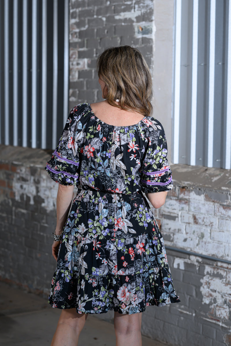 Easel Clothing Black Floral Printed Cotton Dress – Women's Bubble Sleeve Midi Dress