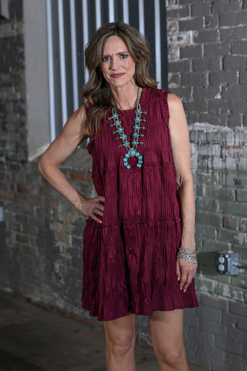 Easel Clothing Wine Sleeveless Tiered Suede Dress – Women's Boutique Midi Dress