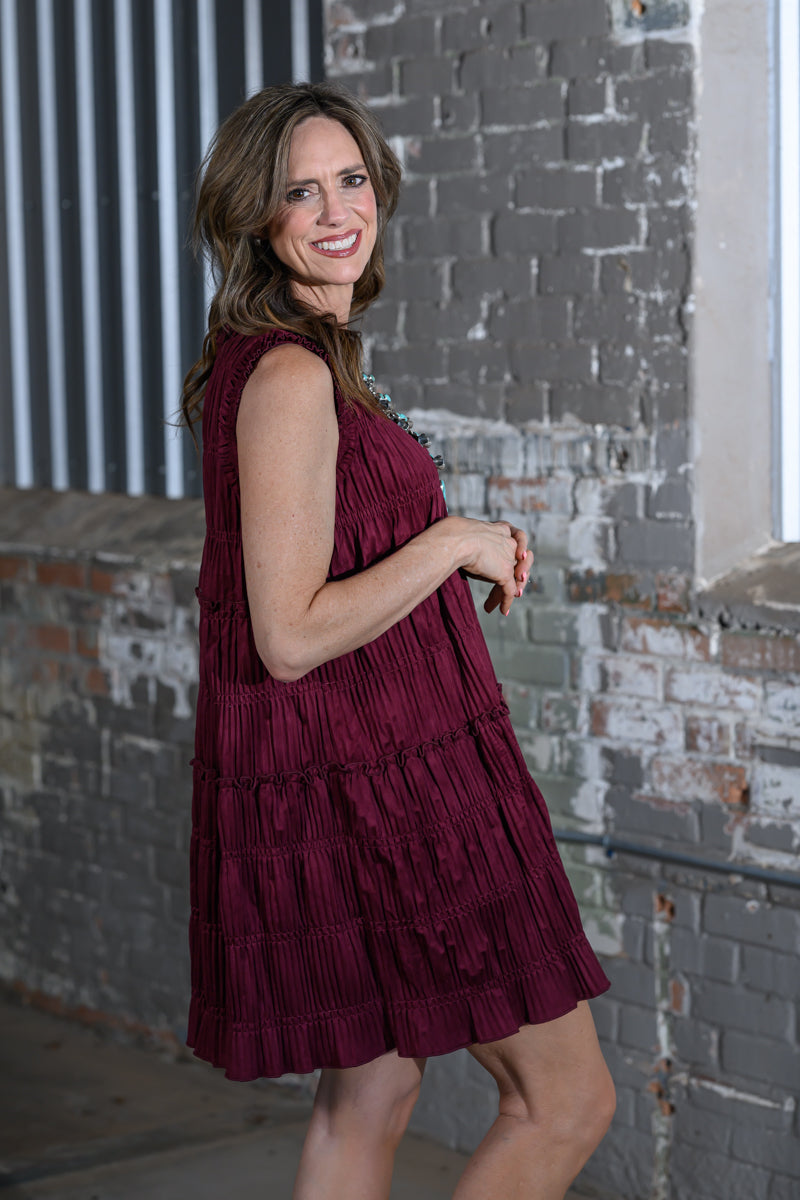 Easel Clothing Wine Sleeveless Tiered Suede Dress – Women's Boutique Midi Dress