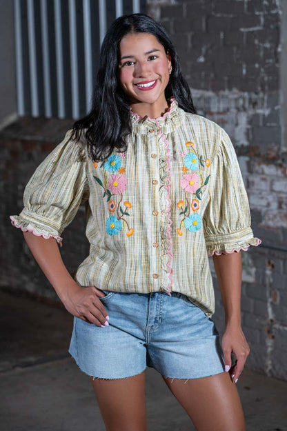 Ivy Jane Golden Ribbon Embroidered Blouse – Women's Boutique Embroidered Top