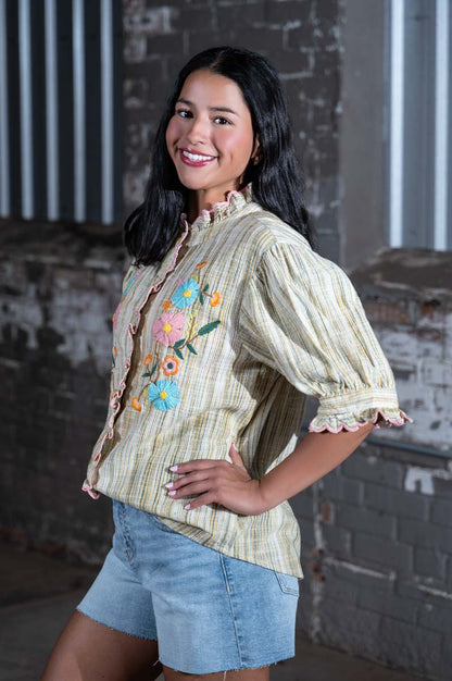 Ivy Jane Golden Ribbon Embroidered Blouse – Women's Boutique Embroidered Top
