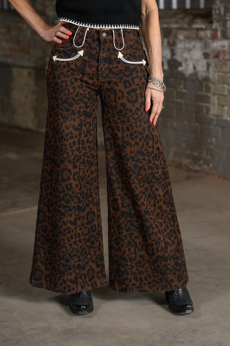 Howdy Hanny Leopard Wide Leg Denim Pants for Women