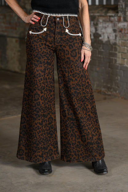 Howdy Hanny Leopard Wide Leg Denim Pants for Women