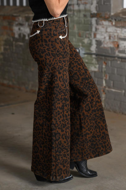 Howdy Hanny Leopard Wide Leg Denim Pants for Women