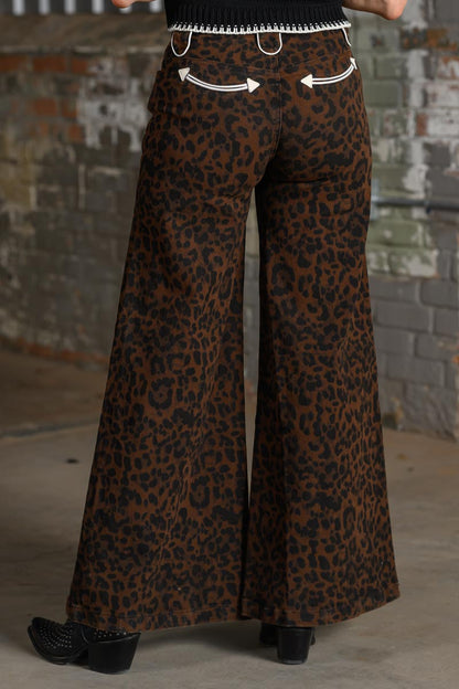 Howdy Hanny Leopard Wide Leg Denim Pants for Women