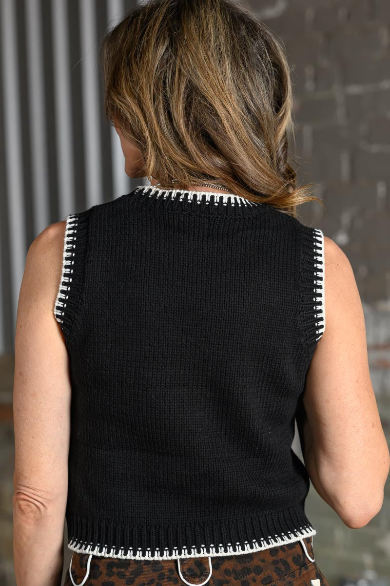 Turquoise Haven Black Stitch Sweater Vest for Women