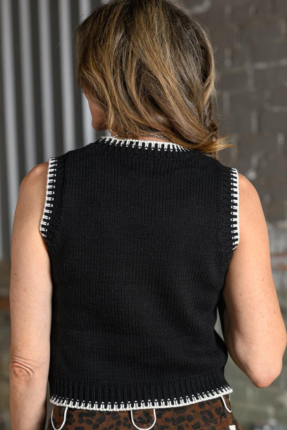 Turquoise Haven Black Stitch Sweater Vest for Women