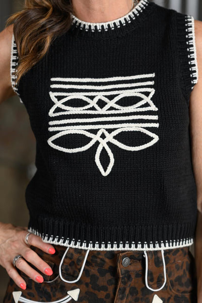 Turquoise Haven Black Stitch Sweater Vest for Women