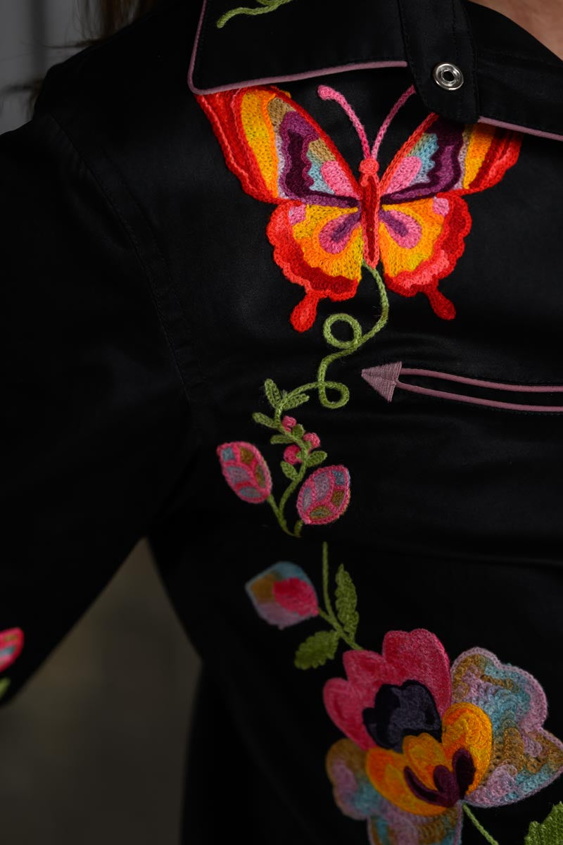 American Darling Black Embroidered Floral Butterfly Western Shirt