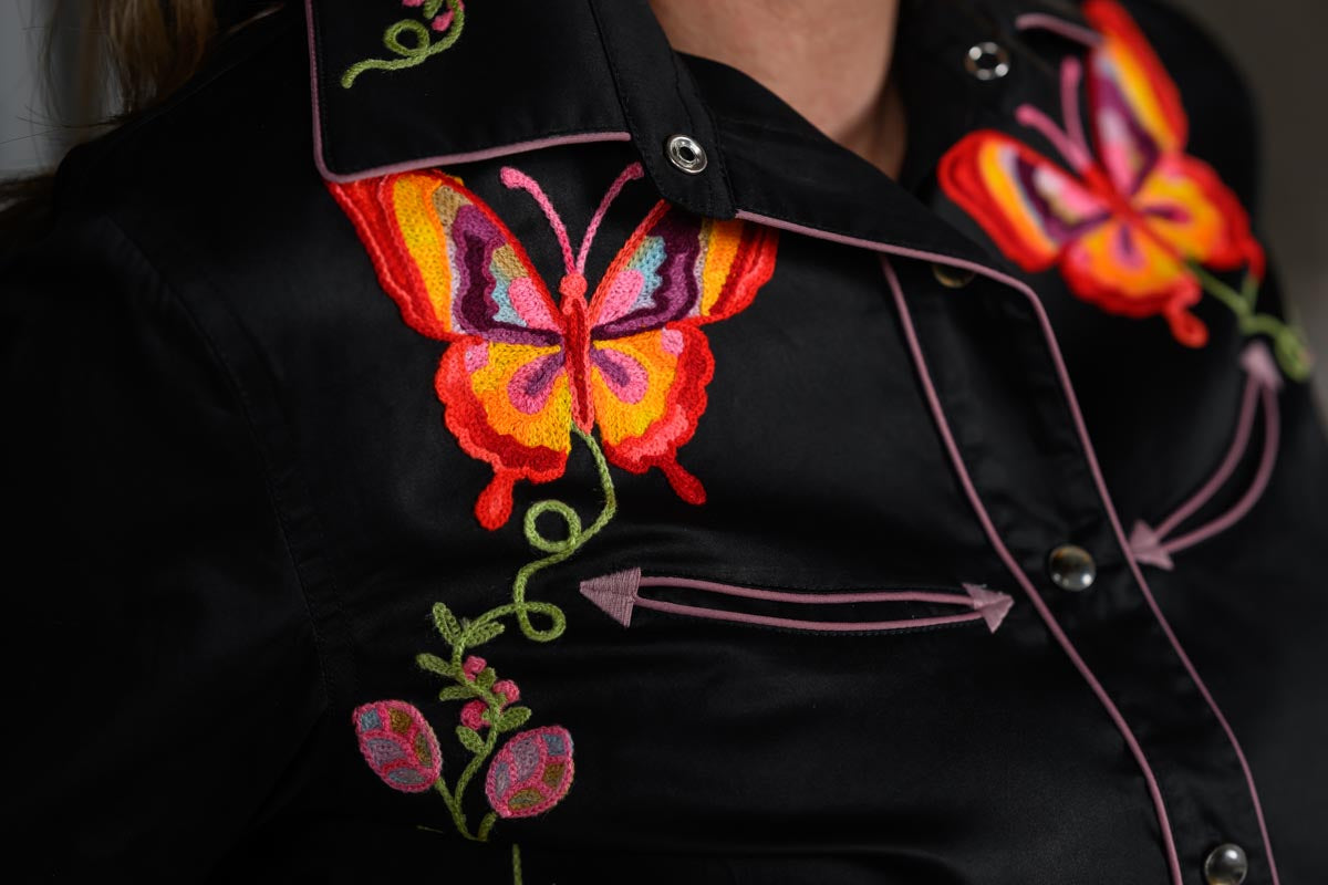 American Darling Black Embroidered Floral Butterfly Western Shirt