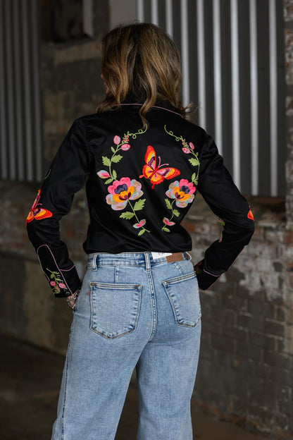 American Darling Black Embroidered Floral Butterfly Western Shirt
