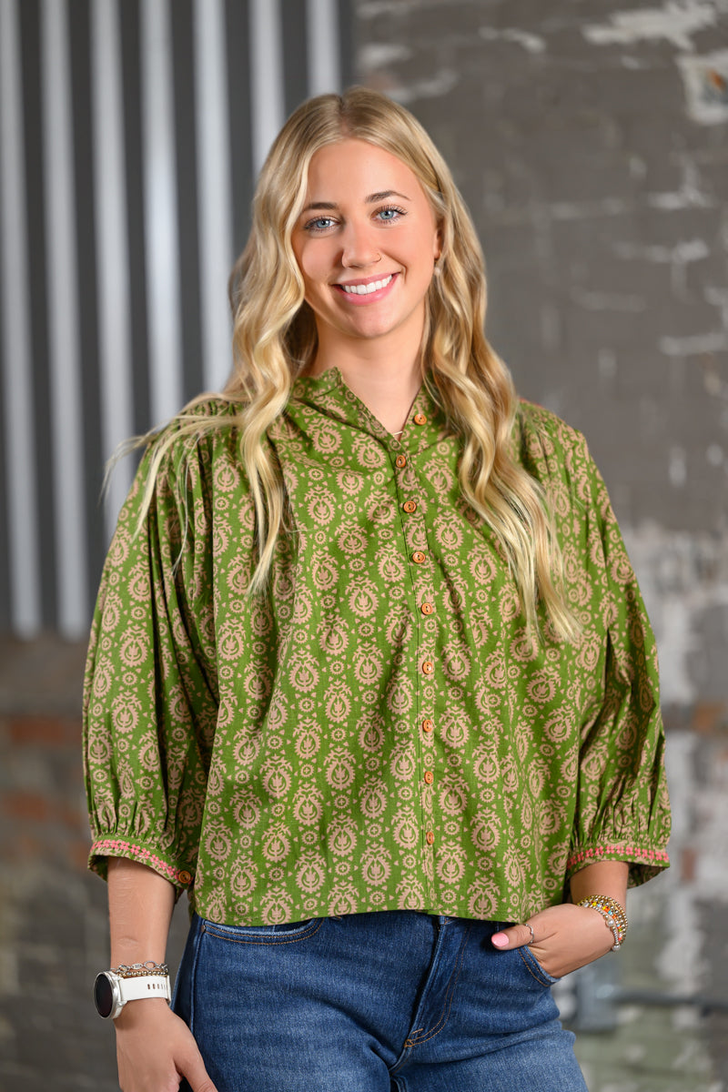 Ivy Jane Green Yoke Embroidered Top for Women