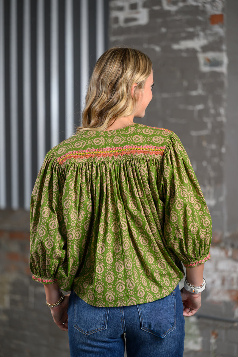 Ivy Jane Green Yoke Embroidered Top for Women