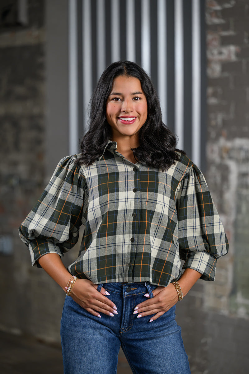 ee Green Plaid Button Blouse for Women