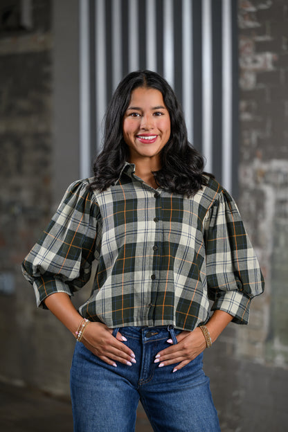 ee Green Plaid Button Blouse for Women