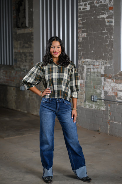 ee Green Plaid Button Blouse for Women
