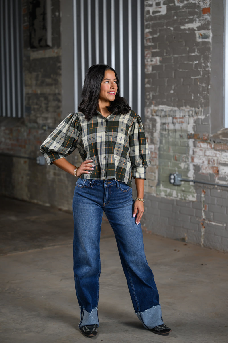 ee Green Plaid Button Blouse for Women