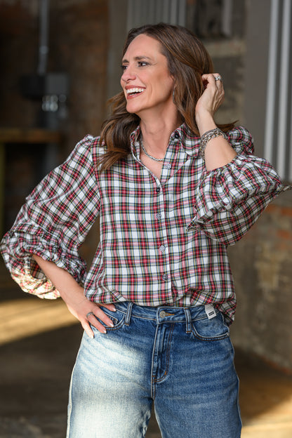 Jennifer Smith of STS Ranch and 1930 Remnant modeling a plaid balloon sleeve top by Ivy Jane