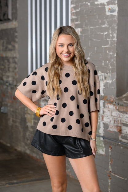 model wearing the JODIFL Taupe & Black Polka Dot Sweater – Women's Statement Knit Top