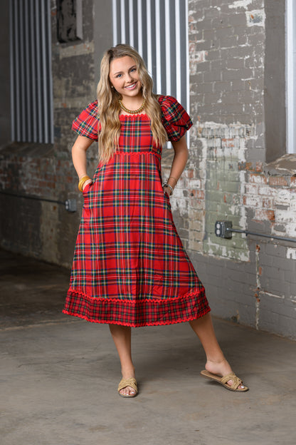 model wearing the JODIFL Red Plaid Ric-Rac Dress – Women's Plaid Statement Dress