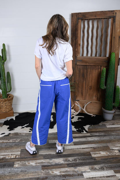 Windbreaker Pants with Stripe - Blue/White