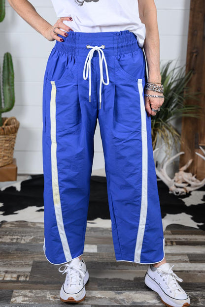Windbreaker Pants with Stripe - Blue/White