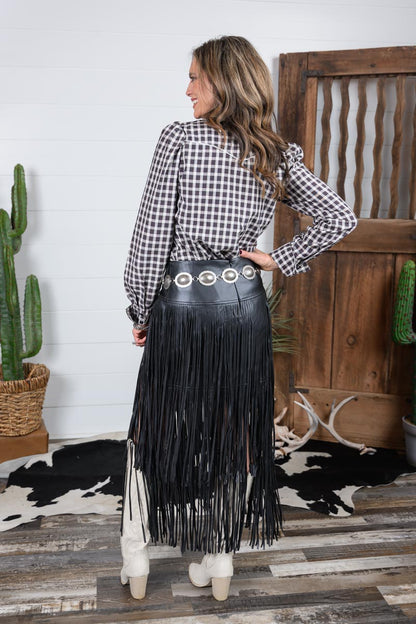 Faux Leather Tiered Fringe Maxi Skirt
