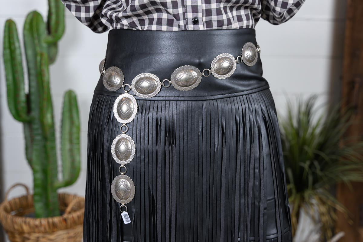 Faux Leather Tiered Fringe Maxi Skirt