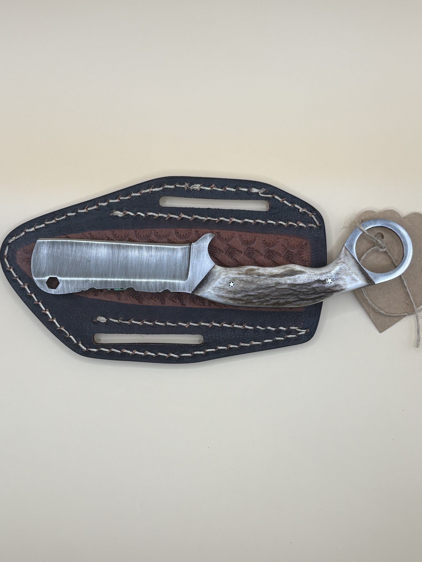 Exotic Texas Knives D2 Elk Antler Handle Cutter Knife with Finger Ring – Handmade Fixed Blade