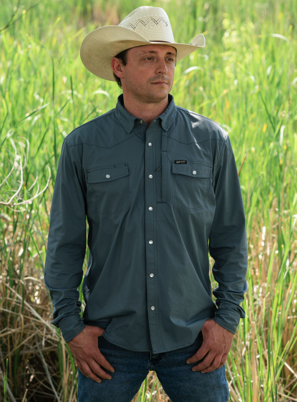 MENS FISCHER LONG SLEEVE PEARL SNAP SHIRT - SLATE BLUE