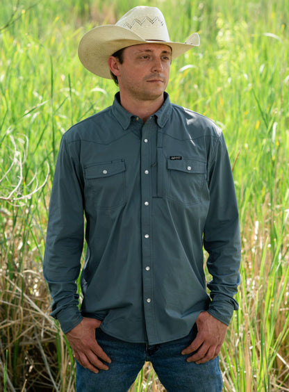 MENS FISCHER LONG SLEEVE PEARL SNAP SHIRT - SLATE BLUE