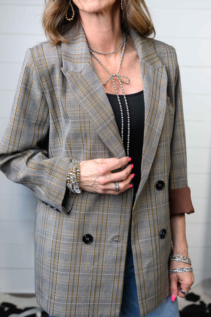 Classy Brown Plaid Suit Blazer