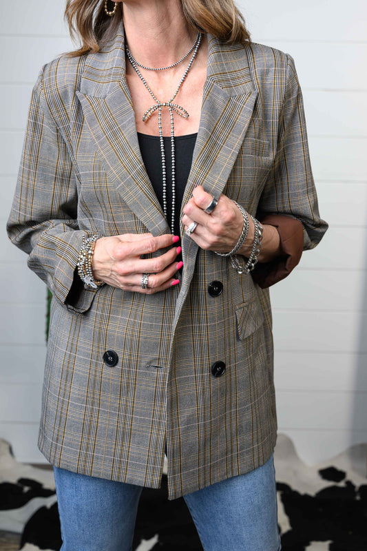 Classy Brown Plaid Suit Blazer