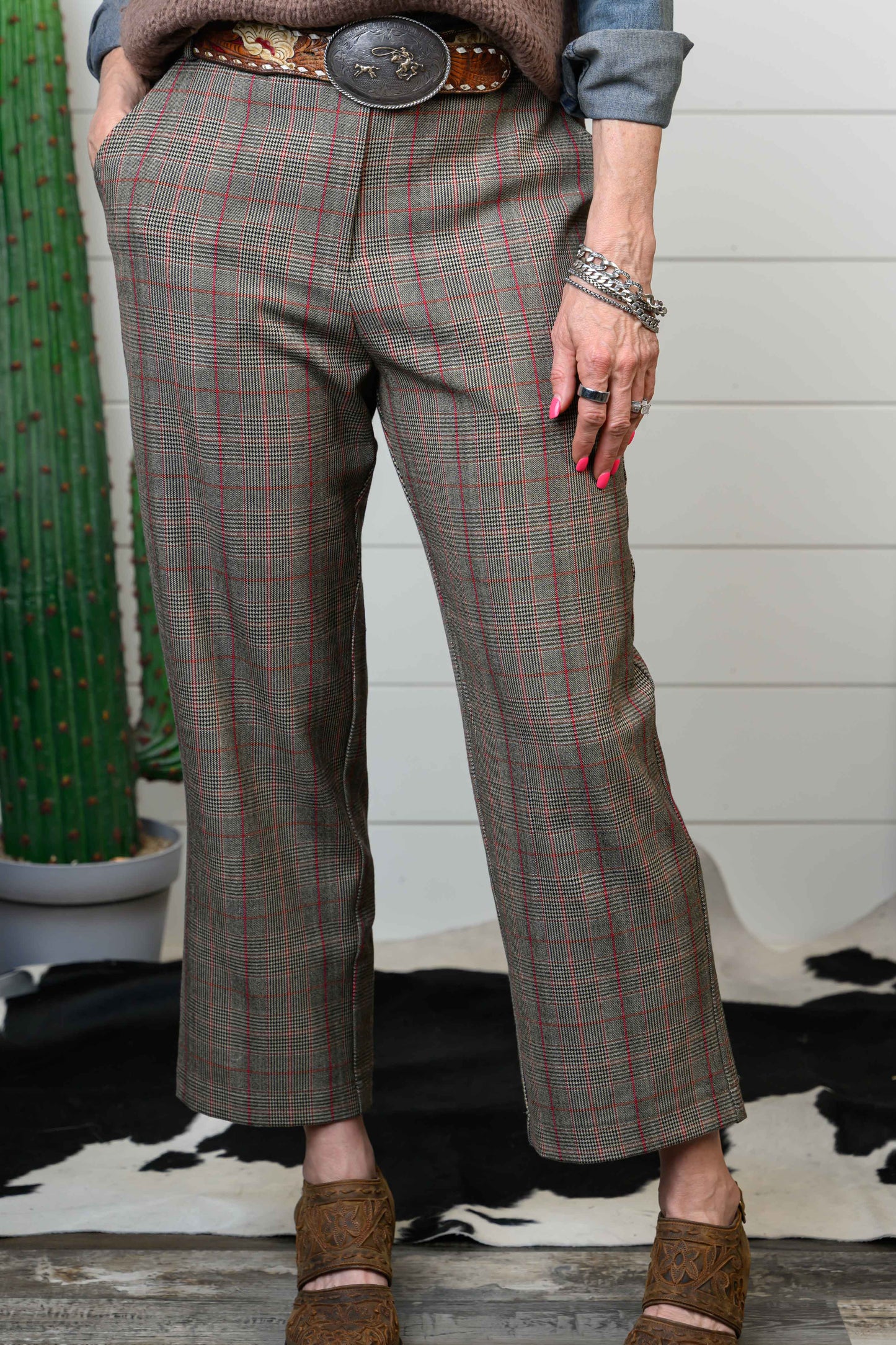 Tapered Ankle Plaid Slacks