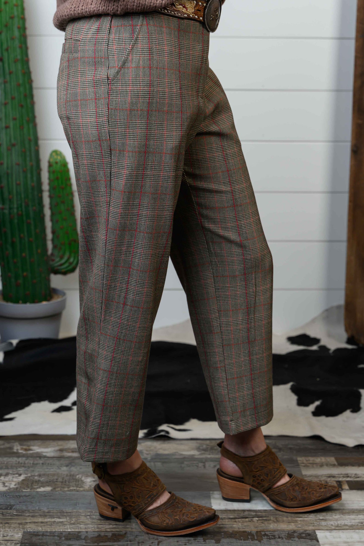 Tapered Ankle Plaid Slacks