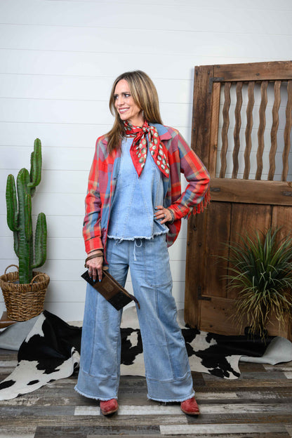 LADIES JESSIE PLAID FRINGE JACKET