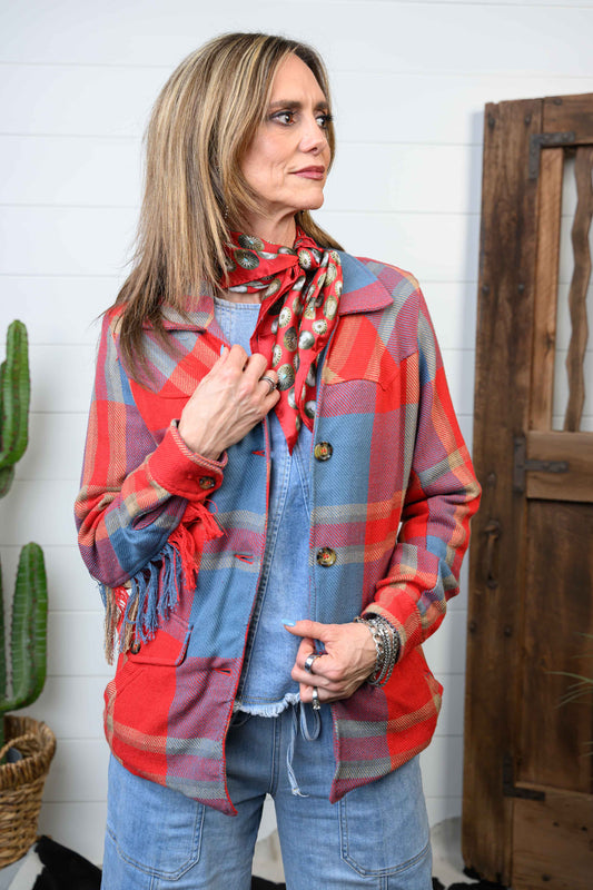 LADIES JESSIE PLAID FRINGE JACKET