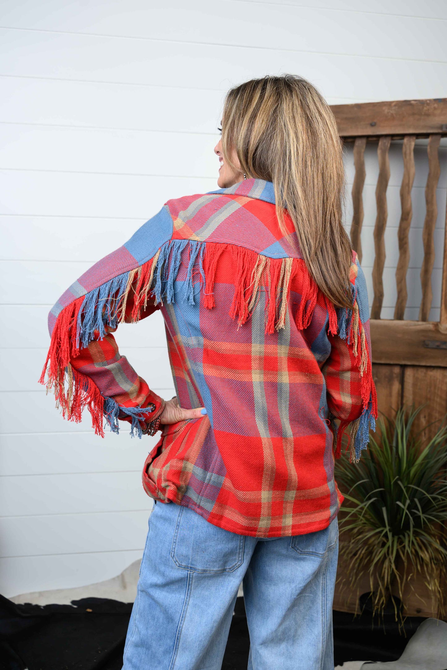 LADIES JESSIE PLAID FRINGE JACKET