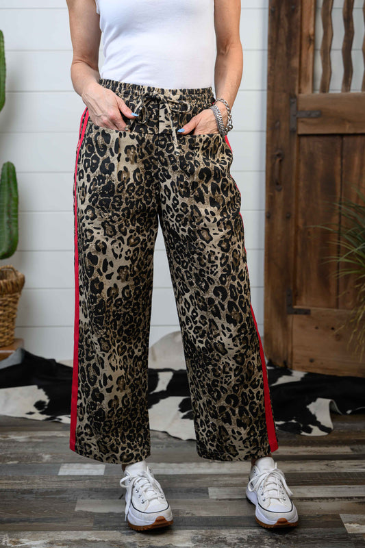 Drawstring Waist Leopard Pants - Red