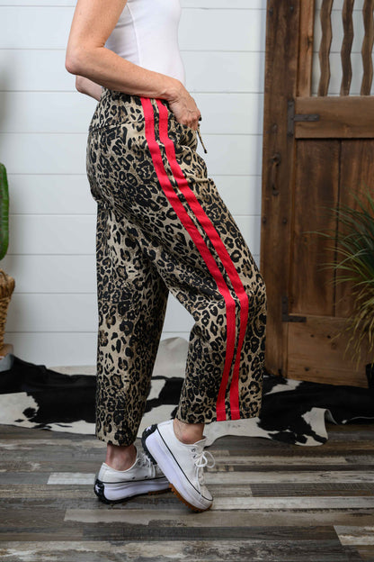 Drawstring Waist Leopard Pants - Red