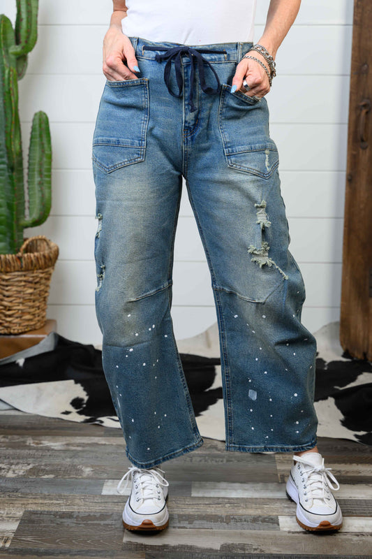 Distressed Barrel Jean, Dark Wash