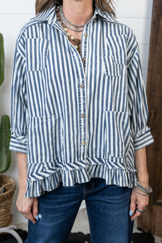 Denim Striped Button 3/4 Sleeve