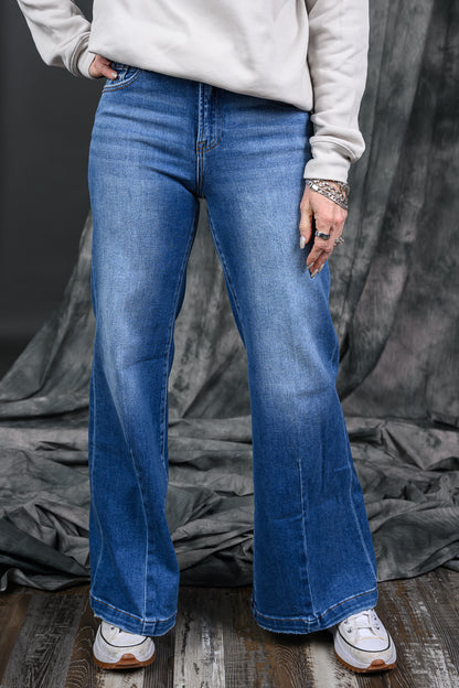Mid-Rise Wide Leg Jeans W/Flared/Creased Lines