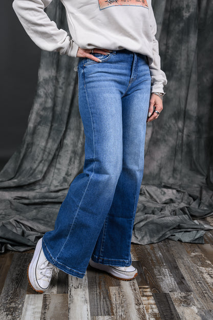 Mid-Rise Wide Leg Jeans W/Flared/Creased Lines