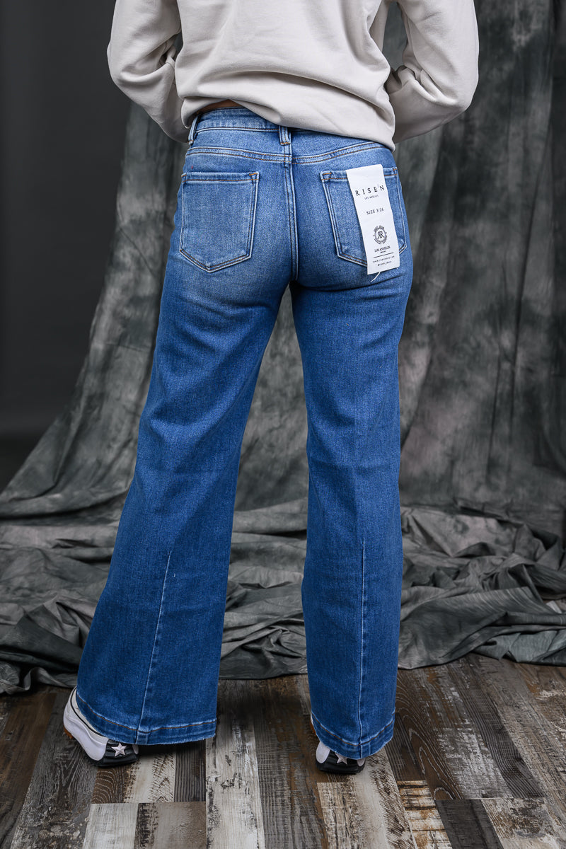 Mid-Rise Wide Leg Jeans W/Flared/Creased Lines