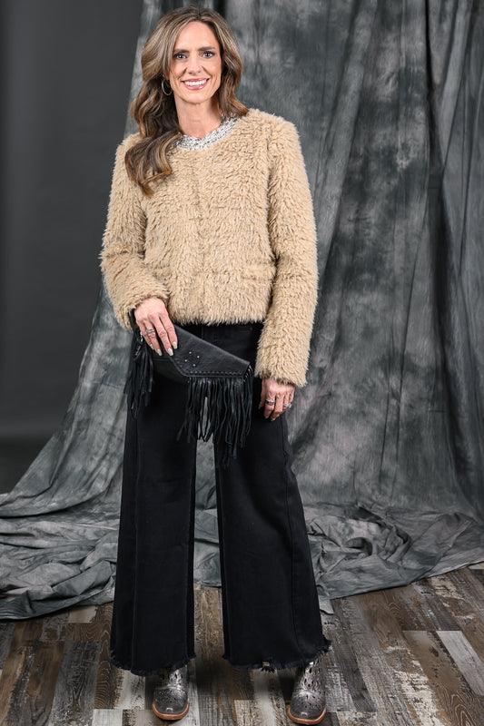 Jewel Embellishment Faux Fur Jacket