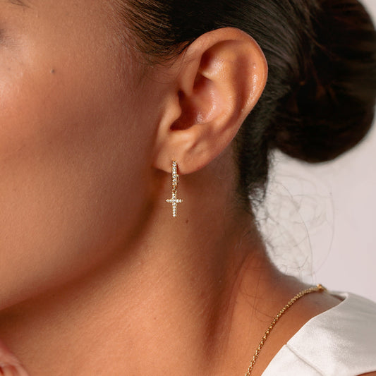Gold Luminous Pave Cross Huggie Hoop Earrings