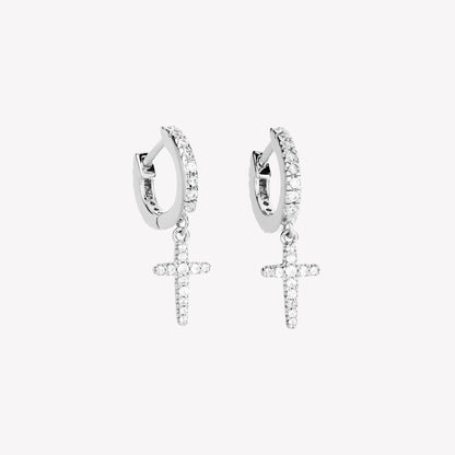 Silver Luminous Pave Cross Huggie Hoop Earrings