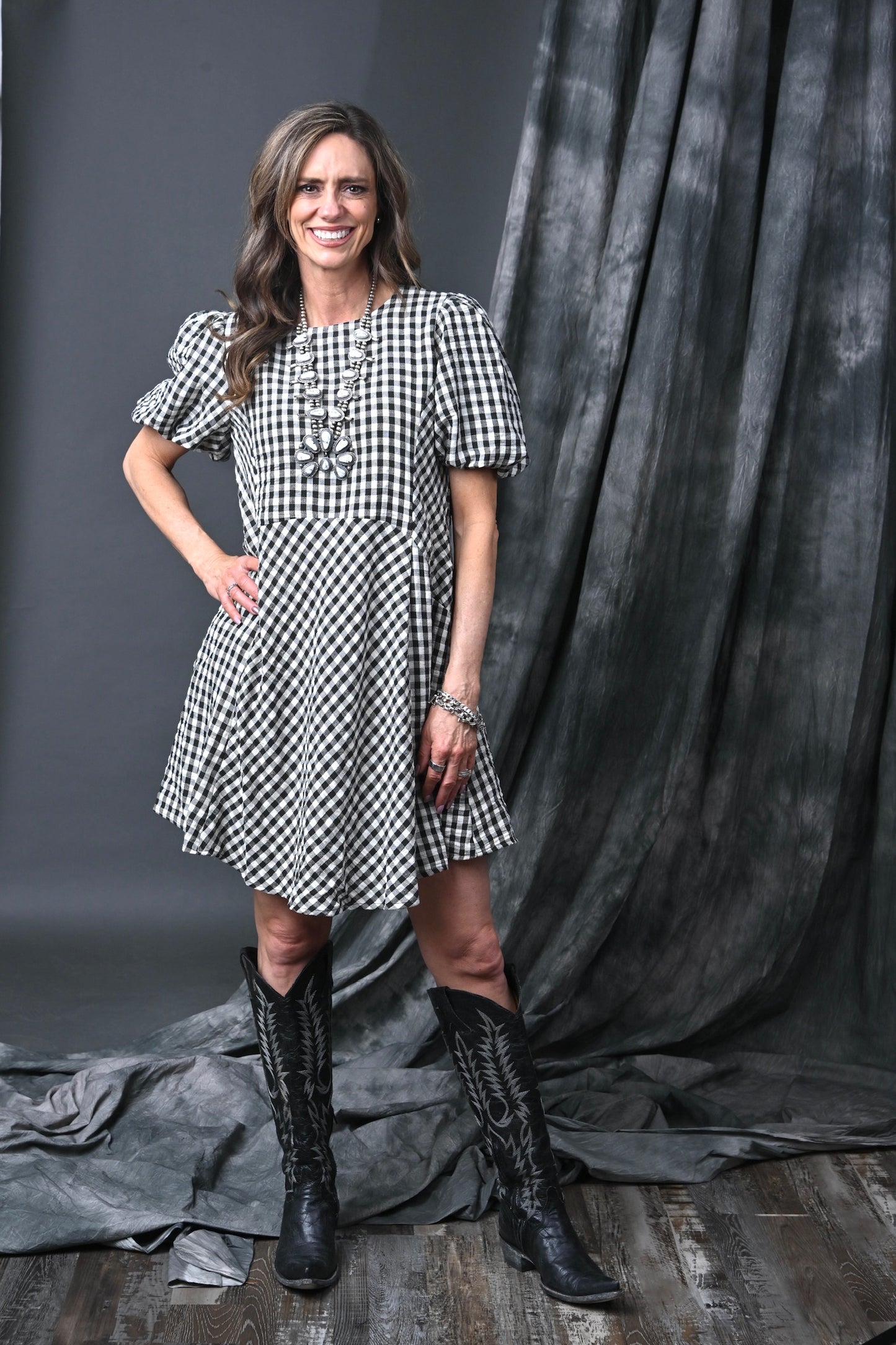 Puff Sleeve Checkerboard Dress